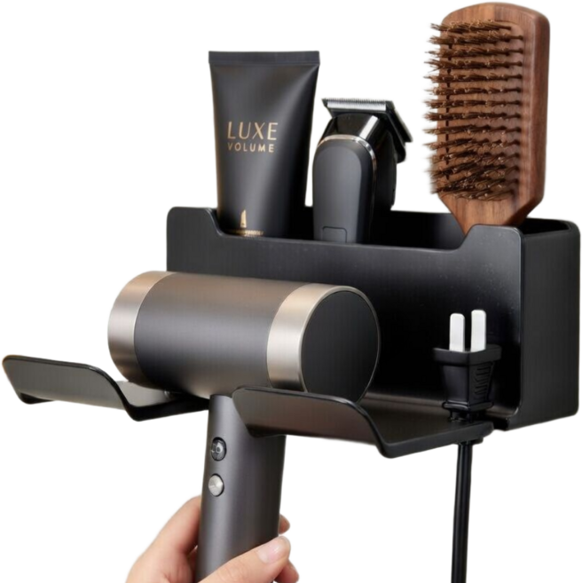 더삼오 무타공 드라이기 거치대 접착식 욕실 수납 홀더 2개, 블랙