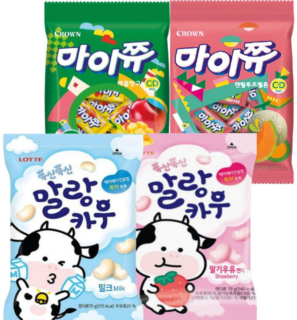 소프트캔디 모음 마이쮸 멜론+애플망고 말랑카우 딸기+밀크 (100g+79g) 4종 세트 츄잉 우유 과즙 캔디, 3세트, 358g