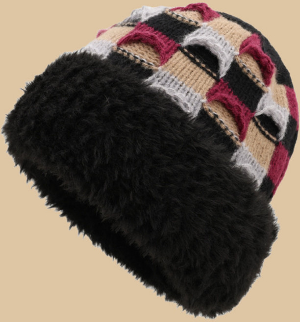 彩色拼接加厚針織帽 毛絨保暖冷帽