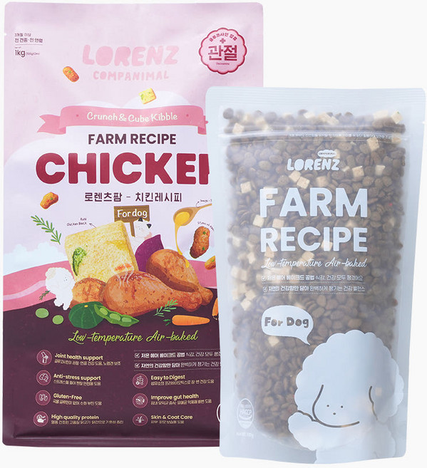 로렌츠 강아지 슬개골탈구 눈물자국 사료 팜 치킨레시피 비건레시피, 1개, 1kg, 닭+야채