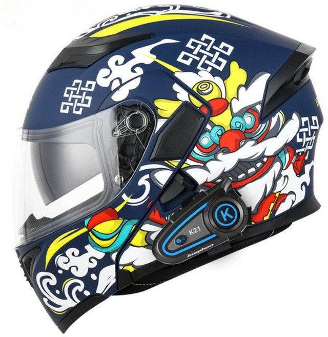 당당상점 블루투스 오토바이 헬멧 초경량 시스템 풀페이스 듀얼바이저 장시간 라이딩, 컬러풀 라이언 (K21 블루투스)