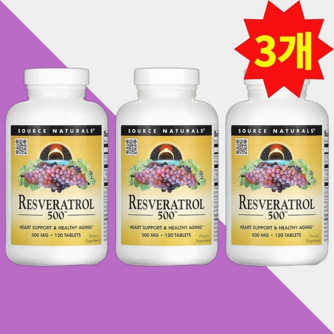 소스네츄럴스 라스베라톨 500mg 120 정, 3병, 120정 - 쿠팡