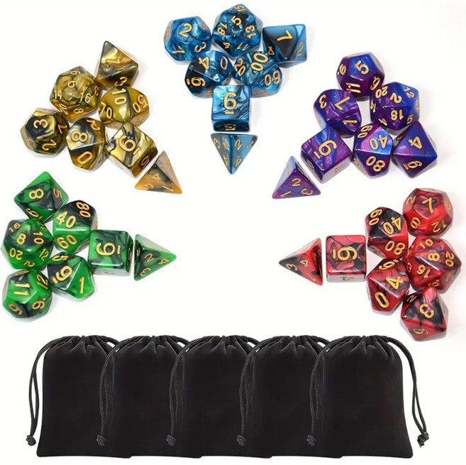 D&D 드래곤 던전 테마 주사위 세트 테이블 게임용 5색상 TRPG 주사위 + 파우치 포함, 1개