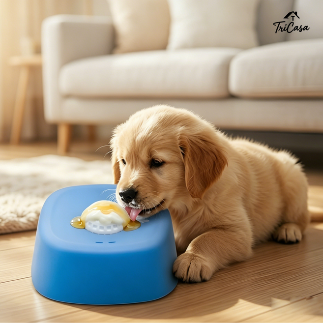 Tricasa반려동물 회전볼 슬로우 식기 강아지 고양이 흘림방지 흘림방지 액체간식 요거트용, 1개, 블루