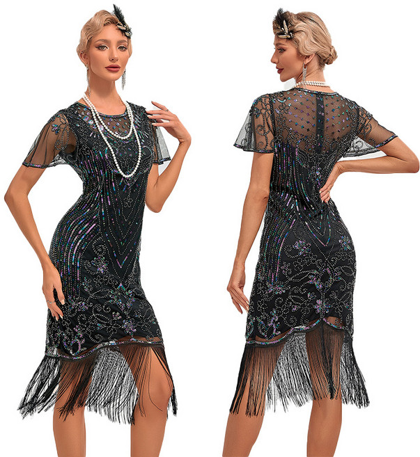 1920S 빈티지 무도회 자수 프린지 드레스 칵테일 파티 빅사이즈 펄 망사 원피스 라틴댄스복, XXXL, 블랙실버