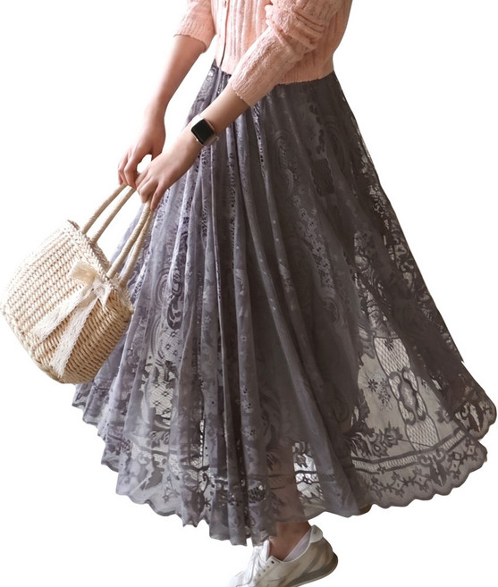 메리앤유 로맨틱 레이스 패턴 볼륨 플레어 롱 스커트