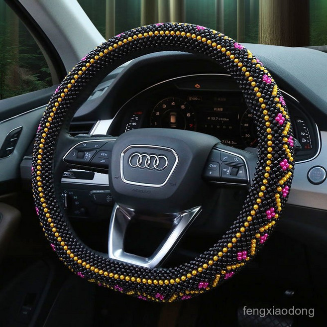 D타입 순수 핸드메이드 사계절 공용형 미끄럼 방지 땀흡수 자동차 여름구슬 핸들커버, D골드볼-핑크골드플라워