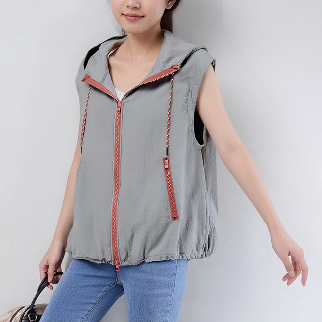 [비보뉴] 빅사이즈 후드 민소매 봄여름 아웃도어 조끼 자외선 차단 아우터 초경량 루즈핏