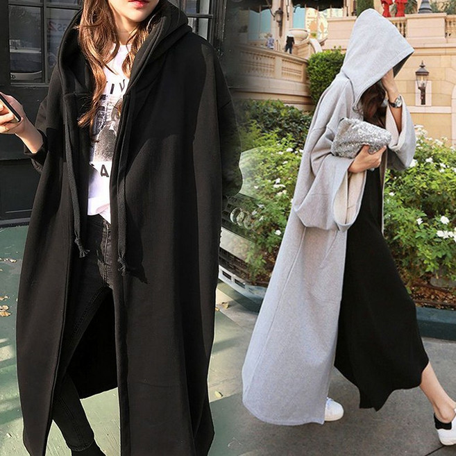 L-4XL 빅사이즈 여성 캐주얼 후드 자켓 원피스 봄가을 심플 데일리룩 패션 롱코트 아우터