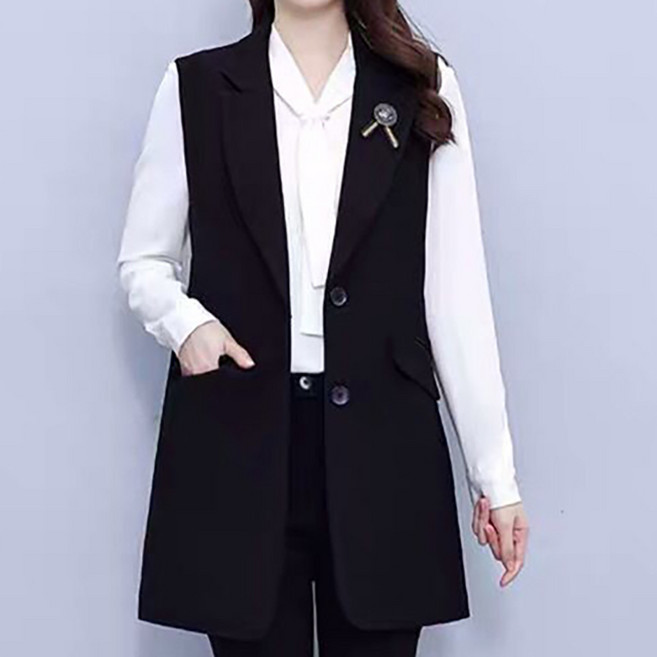 ROYALBELLE 여성 테일러드 카라 싱글버튼 루즈핏 데일리 미디 기장 정장 베스트 V01011417