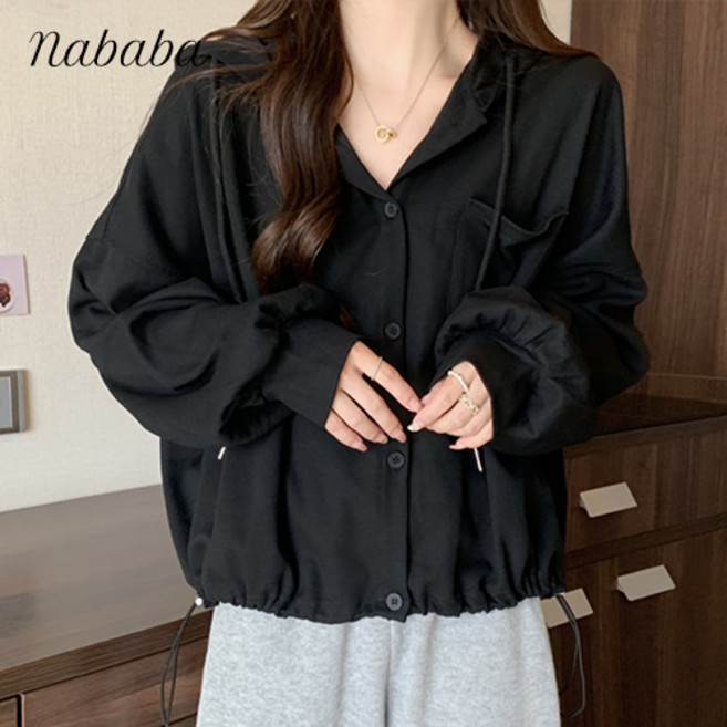 나바바 NC153 여성 심플 데일리 스트링 긴팔 후드 가디건