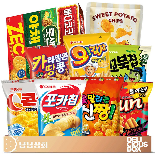 [냠냠상회] 포카칩+썬칩+오감자+꼬북칩+콘칲+신짱+카라멜콘땅콩+롯샌+빠다코코낫+야채크래커+제크+달달고구마칩 과자 스낵세트, 1세트, 12p