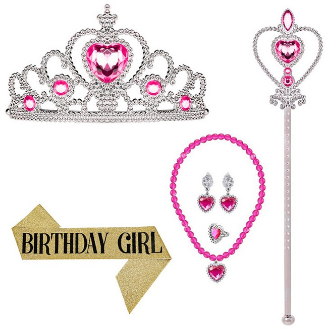 생일 파티 소품 티아라 왕관 세트 + 어깨띠, 5종 핫핑크, 벌스데이걸 골드