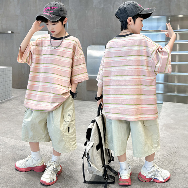 비비키드 초등생 반팔티 반바지 입체 스트라이프 패턴 상의 초중생 하의 세트 남아 여름 상의+하의 세트 (5825)