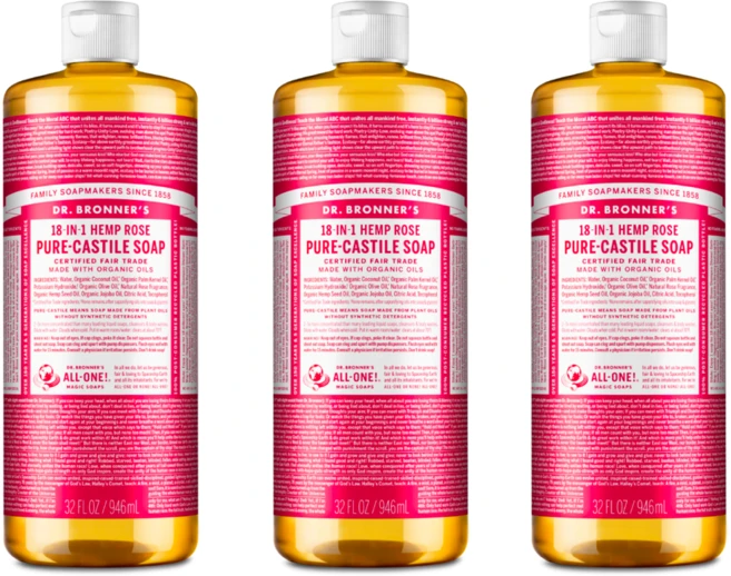 닥터브로너스 퓨어 캐스틸솝 물 비누 945ml x 3 로즈 18in1 다용도 세안 바디 세탁 머리카락 스테디셀러 - 쿠팡