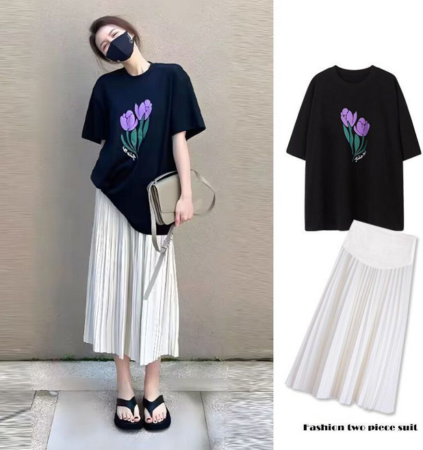 임산부 여름 롱스커트 세트 임부 슬림핏 플라워 프린트 반팔 티셔츠 + a라인 롱치마 캐주얼 임부복 상하의 세트 LCL