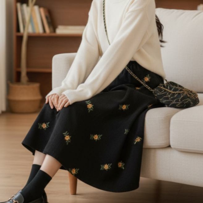 핏몬 여성 밴딩 코듀로이 꽃 자수 플레어 롱 스커트 치마