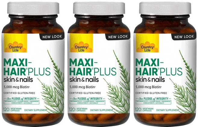 컨트리 라이프 맥시 헤어 플러스 스킨 & 네일 비오틴 5000mcg 120 베지 캡슐 3개 세트 Maxi Hair Plus 라이땡 레티닐팔미테이트 아스코르브산 티아민 리보플라빈, 120정 - 쿠팡