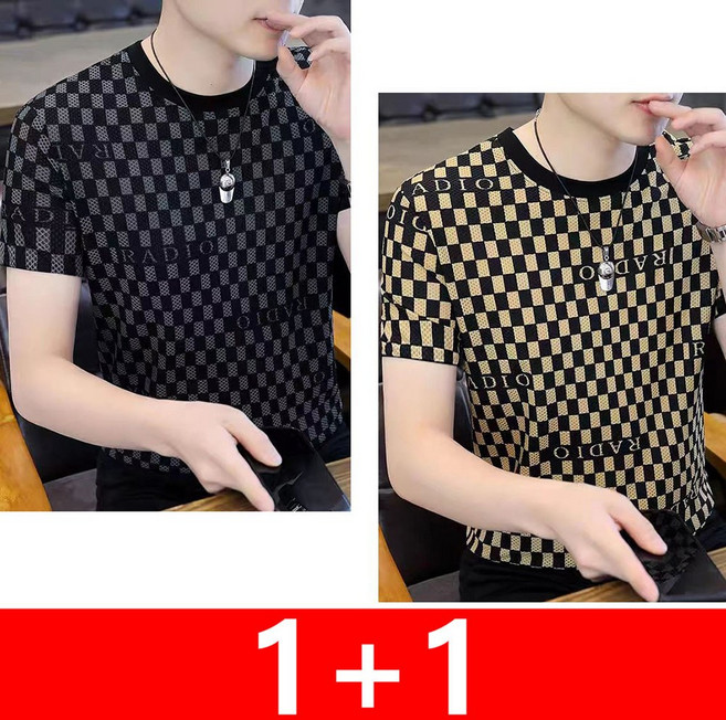 지고다그 1+1여름 남성 아이스 실크 반팔 니트 티셔츠 체크 패턴 슬림핏 시원한 캐주얼 데일리룩 SXA0420