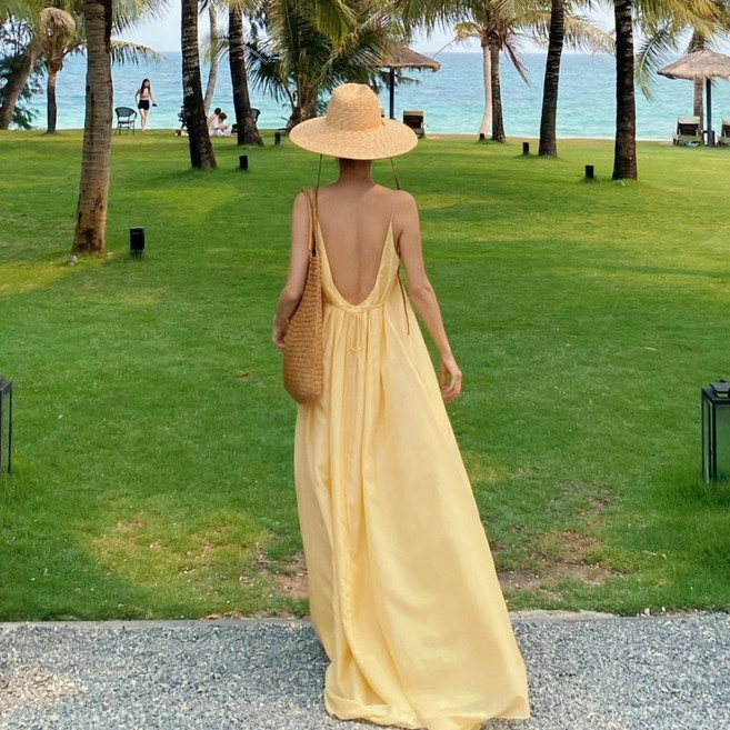 예쁨시전 비치 해변 섹시 백리스 스트랩 동남아 휴양지 끈나시 롱 원피스