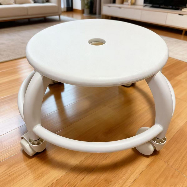 滑輪矮凳 塑料圓凳 靜音萬向輪 兒童家用旋轉凳, 1個, 珍珠白