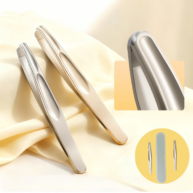 MORIG 눈썹 잔털 제거 트위저 제모 쪽집게 2개 세트, 골드+실버