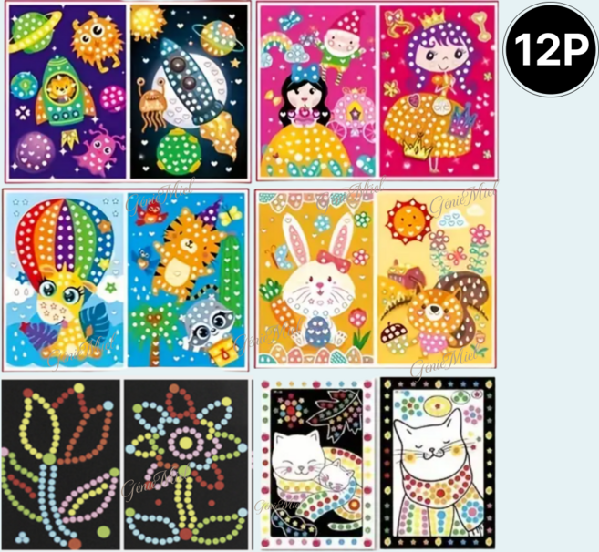 제니미엘 스티커 꾸미기 모자이크 스티커북 퍼즐 스티커 치매예방 모자이크 스티커 컬러링북 DIY, 혼합12P, 1개