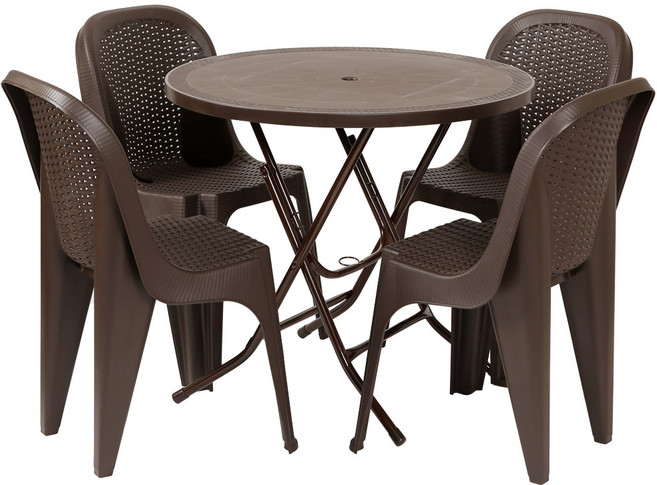 지오리빙 플라스틱 테이블 라탄등받이 의자 세트 야외테이블세트, 원탁+라탄등받이의자(브라운)