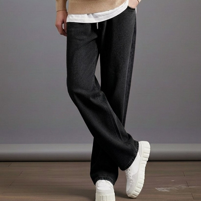 스댕클럽 남성용 베이직 허리밴딩 스트링 워싱 와이드핏 청바지 SJM0541