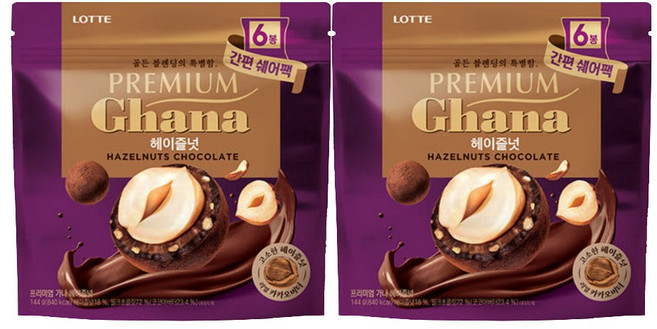 롯데웰푸드 프리미엄 가나 헤이즐넛 초콜릿 쉐어팩 6p, 144g, 2개