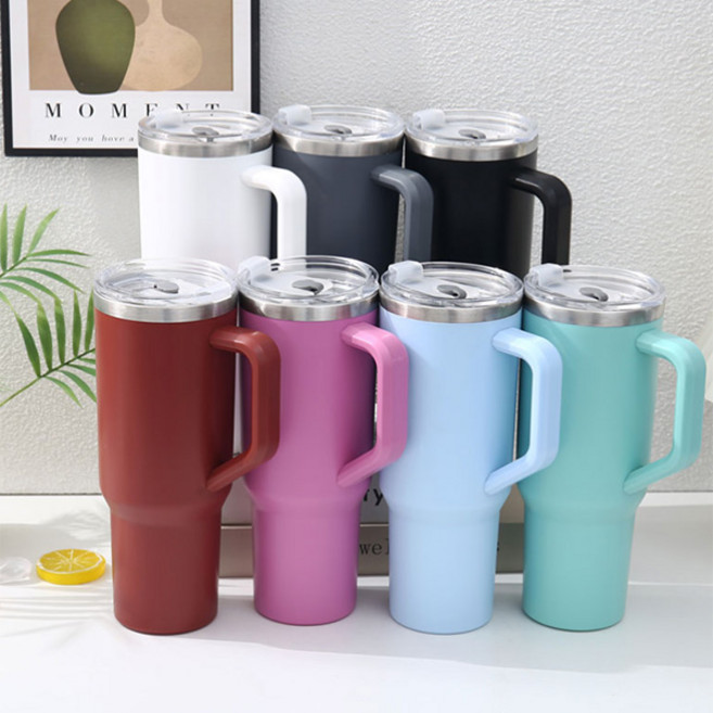 1+1 드라이브 캠핑 빨대포함 대용량 손잡이 스텐 텀블러 1180ml, 레드+퍼플, 1개