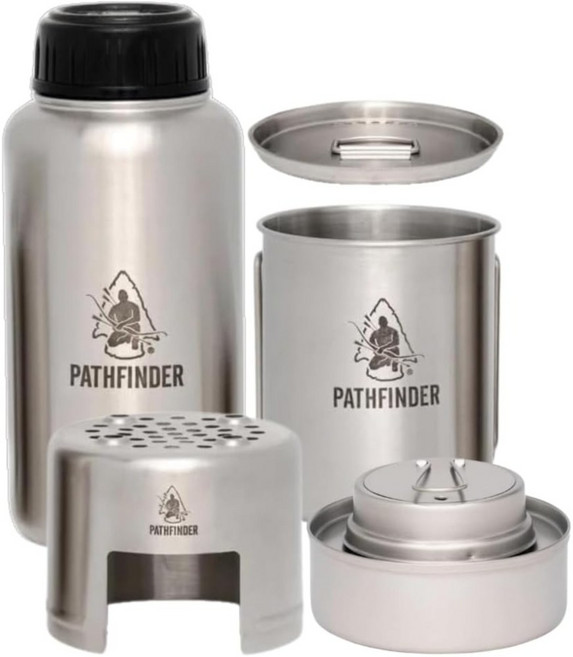 패스파인더 스테인리스 스틸 캠핑 조리 세트 950ml 물병 손잡이 컵 + 알콜 스토브, 1세트, 스텐실버