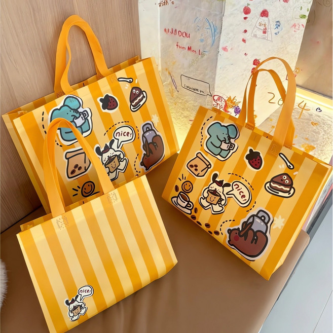 선물 복장 쇼핑백 부직포 손잡이 포장봉투 소 중 대형 방수 선물봉투 동물 커피, 10개, 귤색