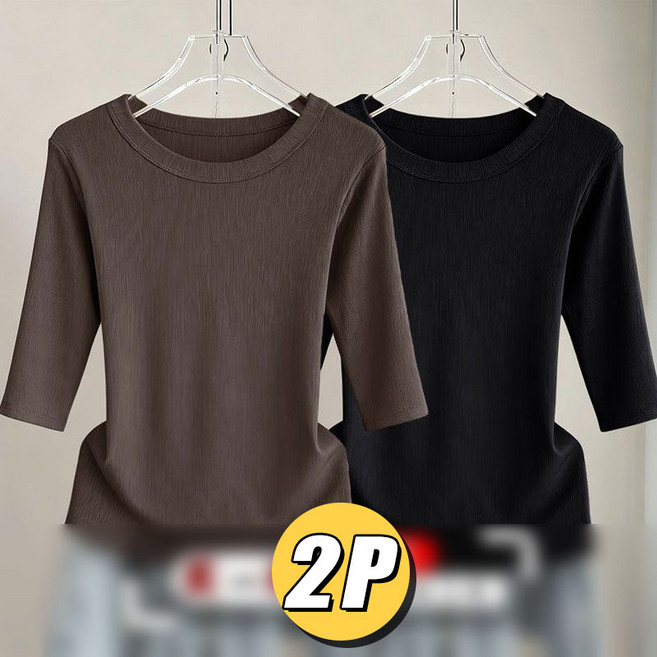 2P 여성 봄여름 5부소매 티셔츠 여자 슬림핏 라운드넥 반팔 티 이너티 데일리룩