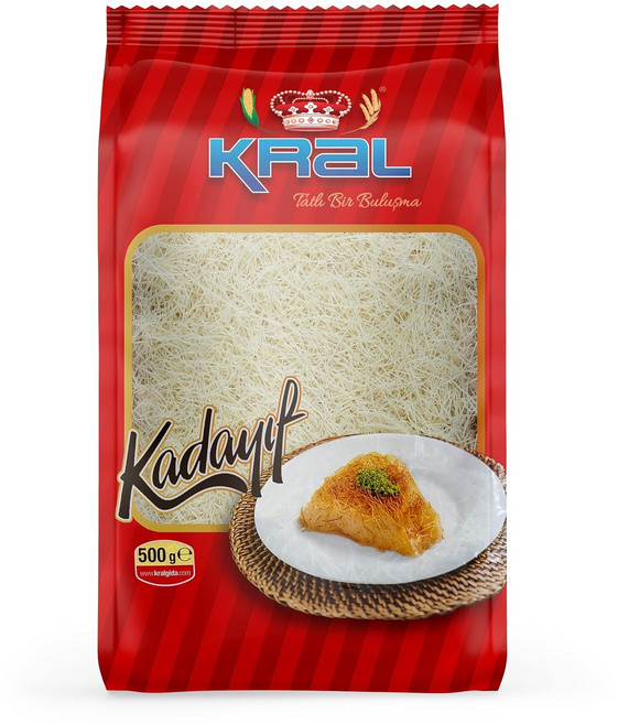 Kral 터키 디저트 크랄 카타이피 슈레디드 필로 도우 건조 카다이프 페이스트리 가장 있는 시럽으로 달콤하게 만든 중 하나 쿠나파 느슨한 카나페 1.1파운드 500g, 1개