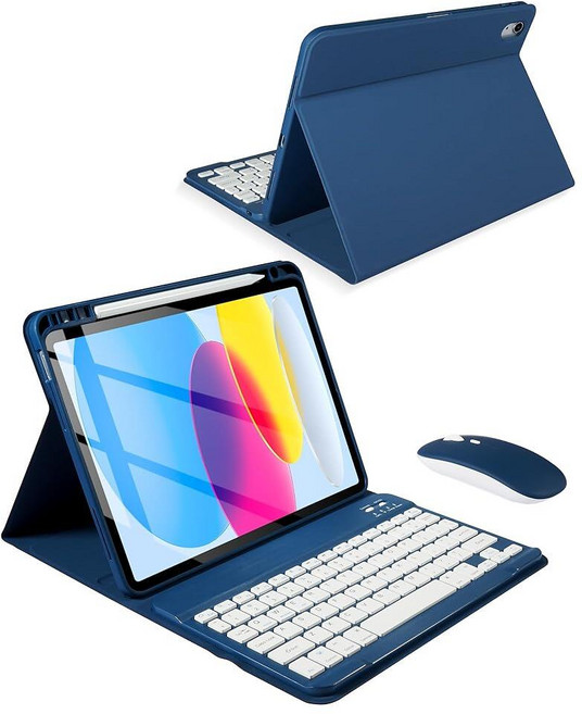 Nsyee 아이패드 10세대 10인치 2022년 및 아이패드 11세대 A16 11인치 2025용 키보드 케이스 펜슬 홀더 및 마우스가 있는 탈착식 블루투스 키보드 케이스 1, 딥 블루