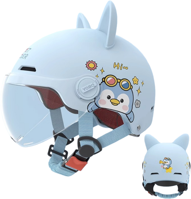 MILLANDA 3c 헬멧 오토바이 헬멧 큐티 헬멧 사계절 안전모, 푸른색-투명 렌즈-고양이의 귀