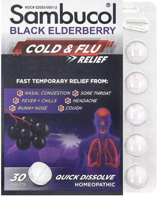 Sambucol 블랙 엘더베리 감기 및 독감 완화 빨리 녹는 정제 30정, Sambucol블랙엘더베리감기및독감완화빨리녹는정제30정, 1개