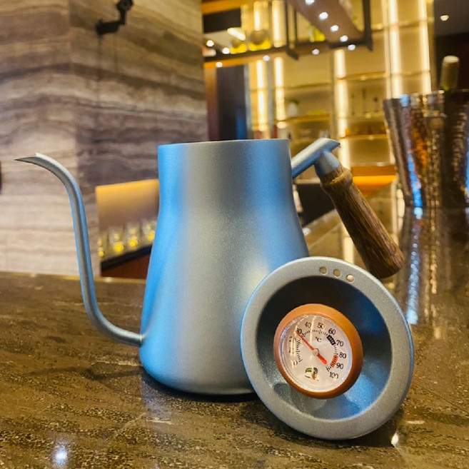 304不鏽鋼手沖咖啡壺 細口壺 帶溫度計 850ml, 復古藍, 1個