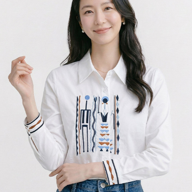 나바바 NB3041 여성 기하학 자수 포인트 긴팔 셔츠