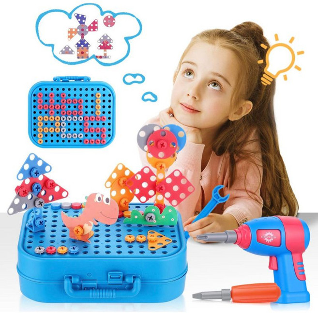 어린이 공구세트 드릴 장난감 세트 아동용 전동드릴 나사 조립 놀이 상자 남아 교육용 DIY 창의력 교구, 1개, 파란색