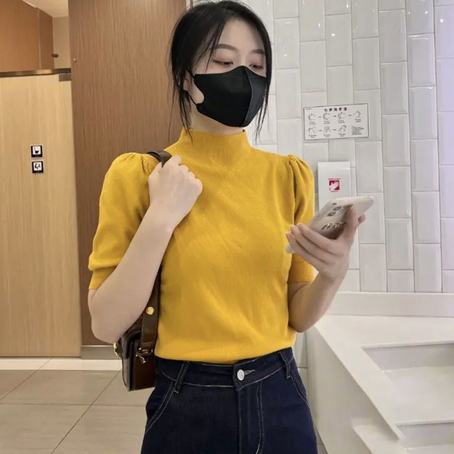 패션 여성 반팔 반폴라 이너티셔츠 슬림핏 여자 반폴라티 반팔 니트 봄 가을 여성용 반팔 니트티 LCC