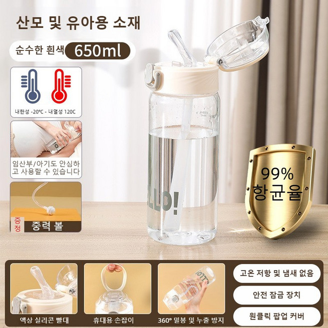 누워서 마시기 좋은 빨대 물병 환자용 물컵 빨대컵 물 새지 않는 650ml(중력볼 설계 누운 자세에서도 물을 편리하게 마실 수 있음), 하얀색, 650ml