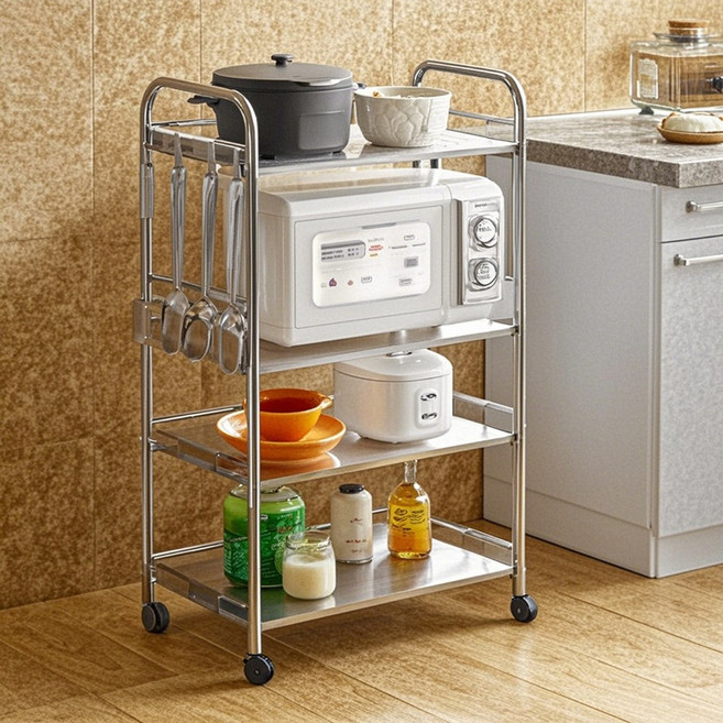 3단 와이드 스텐 트롤리 선반 세탁실 수납장 바퀴달린 선반 이동식 트레이 바퀴 정리, LSR-002 3단 이동식 트롤리