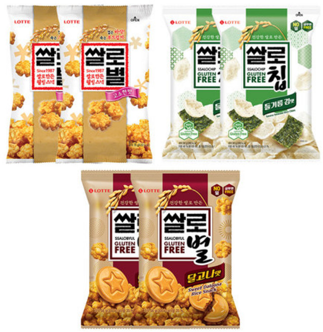 쌀로별 달고나맛 56g x2개+쌀로별 오리지널x2+쌀로별 들기름 김맛x2, 999개, 상세이미지참조