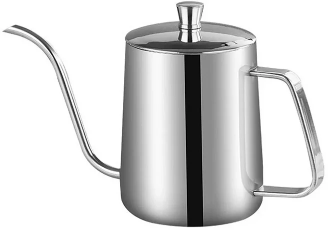 내구성 있는 304 스테인리스 스틸 푸어 오버 주전자 긴 좁은 주둥이 뚜껑 포함 커피 블랙 드립 가정용품, 01 Silver-350ml