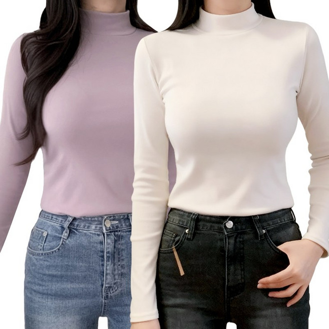 1+1 허블리 부드러운 여성 도톰 기모 반목티 긴팔 티셔츠