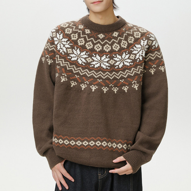 남성 겨울용 라운드 네크 스웨터 오버핏 보온 자카드 니트류