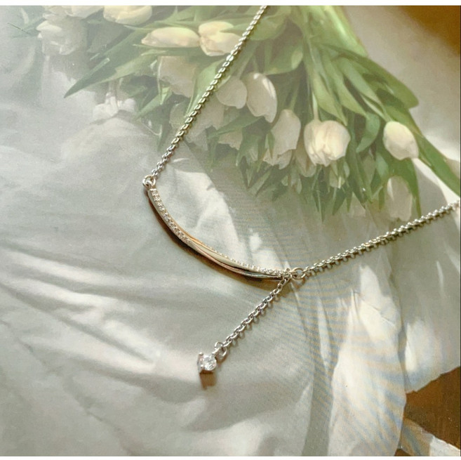 [925 Silver] 드롭 큐빅 실버 목걸이 은 바 우아한 드레스 파티 하이엔드 디자인 은 가을 겨울 주얼리