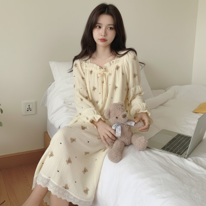 드림베이스 가슴패드 내장 원피스 파자마 홈웨어 긴팔 잠옷